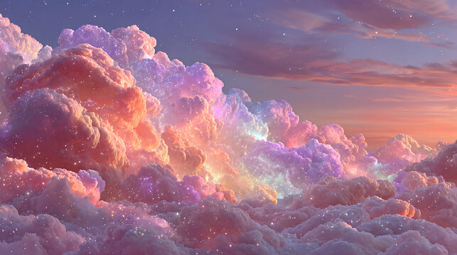 Dreamy rainbow unicorn pastel background filled with soft pink clouds and sparkling glitter stars.
