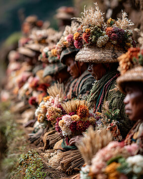 Close-up of Mizo farmers performing the Thalfavang Kut ritual in a terraced paddy field. Women in traditional woven skirts and men in headgear offer rice and flowers to mark the end of weeding season.