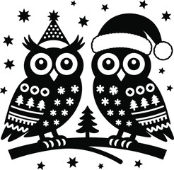 Winter cartoon owl couple with baby on a snowy branch illustration design