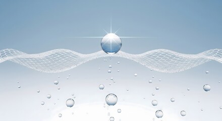 Shining clear droplet resting on a wavy mesh structure above an abstract background with floating water bubbles, symbolizing moisture protection and skin hydration