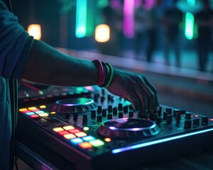 Dynamic DJ performance showcasing vibrant nightlife atmosphere with colorful lights sound technology and energetic crowd at lively music event