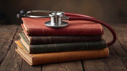 Vintage medical concept with stethoscope placed on stack of old books over rustic wooden table, symbolizing healthcare education, medical history, and lifelong learning in science and medicine.