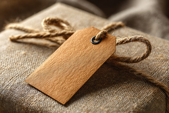 Brown paper price tag with twine string, hanging from a piece of fabric or product packaging. Soft studio lighting emphasizing shadows and details. Simple, elegant, eco-friendly aesthetic. 