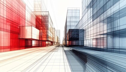 Fototapeta premium Creative architectural perspective of urban buildings in a 3D abstract line drawing