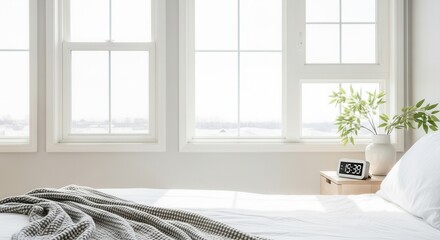 A bright bedroom with a bed white bedding a textured blanket multiple white windows a light wood table a vase with green foliage and a digital clock showing 1539