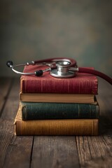 Vintage medical concept with stethoscope placed on stack of old books over rustic wooden table, symbolizing healthcare education, medical history, and lifelong learning in science and medicine.
