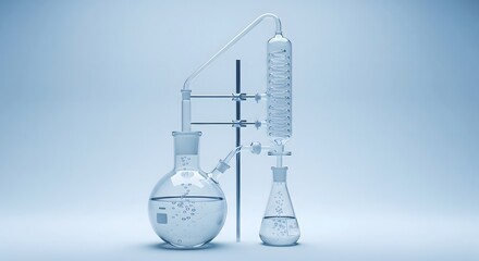 Studio shot of chemistry laboratory glassware set up for distillation with a round flask, condenser, and receiving flask against a clean blue background