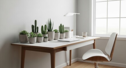 A clean contemporary desk setup with many potted green plants a laptop and a white task lamp positioned beside a large gridded window