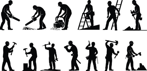 Silhouette construction workers using tools, chainsaw, hammer, and ladder in various building and repair activities for industrial labor vector design.
