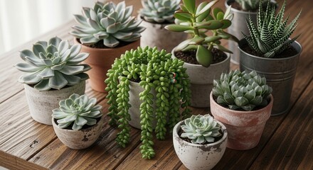 A collection of various potted succulent plants including rosette trailing and striped varieties arranged on a wooden surface