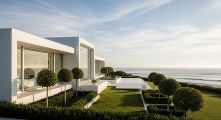A contemporary white building with expansive glass overlooking the ocean framed by a groomed lawn topiary trees and a serene pool