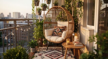A cozy balcony featuring a hanging egg chair with a patterned pillow various potted plants string lights and a small table with illuminated candles and books overlooking a city skyline