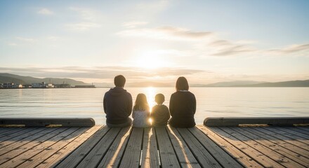 A family sits on a wooden pier silhouetted against a serene sunset over water and distant mountains