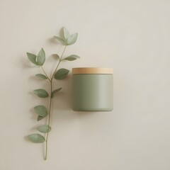 Minimalist natural candle with wooden lid and green eucalyptus branch on beige background, representing calm relaxation, eco-friendly design, and modern aromatherapy home decor aesthetic concept.