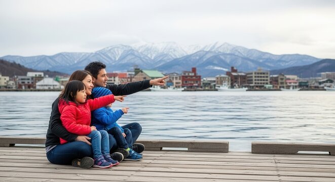 A family of four sits on a wooden dock by calm water pointing towards the distant town and snow-capped mountains under an overcast sky - Powered by Adobe