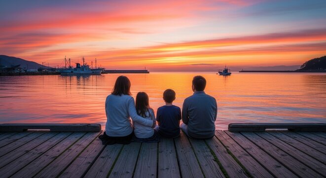 A family sits on a wooden dock watching a beautiful sunset over a harbor with boats and distant land