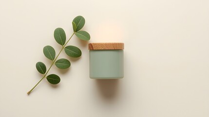 Minimalist natural candle with wooden lid and green eucalyptus branch on beige background, representing calm relaxation, eco-friendly design, and modern aromatherapy home decor aesthetic concept.