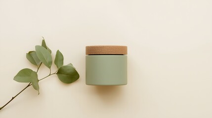 Minimalist natural candle with wooden lid and green eucalyptus branch on beige background, representing calm relaxation, eco-friendly design, and modern aromatherapy home decor aesthetic concept.