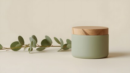 Minimalist natural candle with wooden lid and green eucalyptus branch on beige background, representing calm relaxation, eco-friendly design, and modern aromatherapy home decor aesthetic concept.