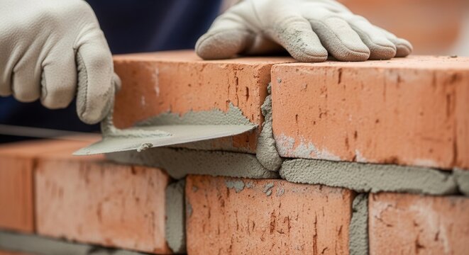 A gloved hand uses a trowel to spread mortar between layers of orange-red bricks building a wall