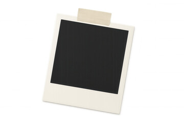 Vintage instant film print frame template with black square space, attached by tape, offering copy space on transparent background