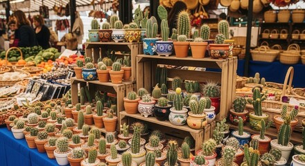 A market stall displays numerous potted cacti and succulents on wooden crates and a blue table with fresh produce and baskets in the background
