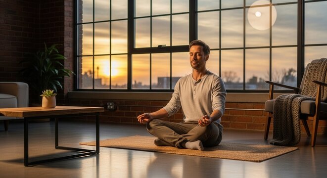 A man sits cross-legged on a mat meditating in a room with large windows showcasing a city sunset Brick walls and minimalist furnishings surround him