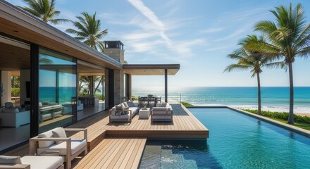 Fototapeta premium A modern coastal residence features a spacious wooden deck with outdoor seating an infinity pool and panoramic ocean views under a clear sky