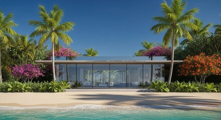 A modern house with glass walls on a sandy beach surrounded by palm trees and flowering plants facing turquoise ocean water under a blue sky