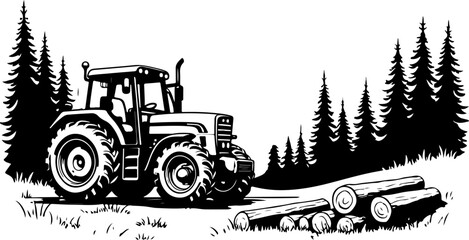 Rural Tractor in Forest Scene Silhouette