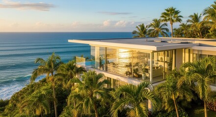 A modern multi-story coastal residence with extensive glass windows overlooking a vast ocean surrounded by numerous palm trees under a bright sky