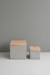 Two minimalist storage boxes made of concrete with wooden lids on a neutral gray background, showcasing modern home organization, Scandinavian design, and stylish interior decor aesthetics.