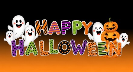 Fototapeta premium Happy Halloween Celebration with Ghosts, Pumpkins and Festive Letters