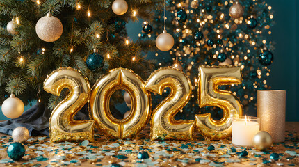 Golden 2025 balloons with Christmas tree and festive holiday decorations