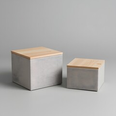 Two minimalist storage boxes made of concrete with wooden lids on a neutral gray background, showcasing modern home organization, Scandinavian design, and stylish interior decor aesthetics.