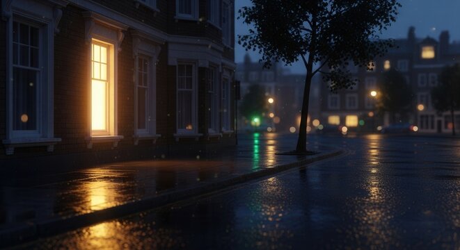 A nocturnal street scene features a building with glowing windows a silhouetted tree and a wet road reflecting urban lights under light rain - Powered by Adobe