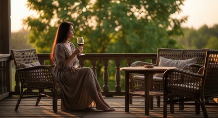 A person in a long dress sits barefoot on a wooden porch holding a glass of red wine gazing at the lush sunlit outdoor view