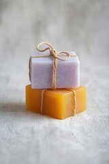 Two handmade soap bars in pastel colors, tied with natural string and placed on a light wooden surface, symbolizing eco-friendly skincare, organic hygiene, and minimalist spa wellness aesthetics.