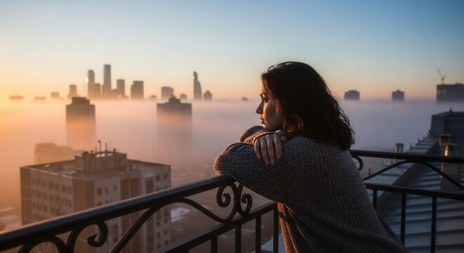 A person leans on a balcony railing observing a fog-shrouded cityscape at sunrise or sunset Tall structures emerge from the mist under an orange and blue sky
