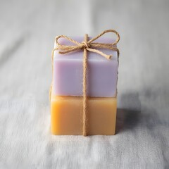 Two handmade soap bars in pastel colors, tied with natural string and placed on a light wooden surface, symbolizing eco-friendly skincare, organic hygiene, and minimalist spa wellness aesthetics.