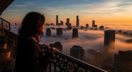 A person stands on a balcony looking out at a city skyline shrouded in thick fog with tall buildings emerging through the clouds under a golden sky