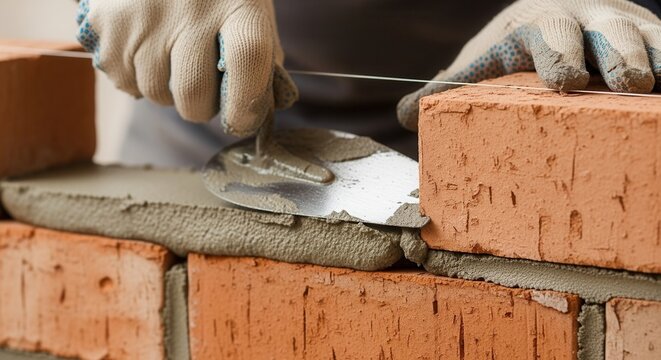 A persons gloved hands meticulously apply mortar with a trowel between reddish-brown bricks guided by a taut string line during construction