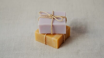 Two handmade soap bars in pastel colors, tied with natural string and placed on a light wooden surface, symbolizing eco-friendly skincare, organic hygiene, and minimalist spa wellness aesthetics.
