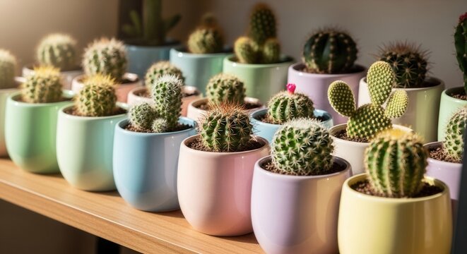 A row of small potted cacti in various pastel-colored ceramic pots arranged on a wooden shelf - Powered by Adobe