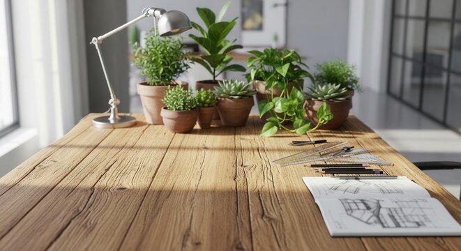 A rustic wooden desk displays potted green plants a silver articulated lamp and drafting instruments beside an open sketchbook with design drawings