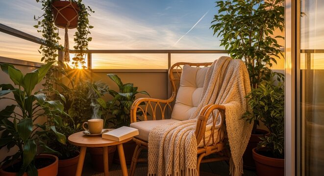 A serene balcony features a rattan chair with a blanket a table holding a steaming cup and book surrounded by potted plants bathed in golden sunset light - Powered by Adobe