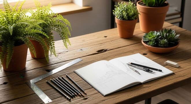 A rustic wooden desk displays potted green plants an open sketchbook with building sketches pencils rulers a compass and an eraser