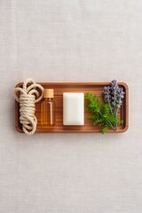 Natural handmade soap bar with herbal essential oil and lavender flowers arranged on a wooden tray, promoting eco-friendly skincare and spa wellness concept, minimalist organic bath product compositio