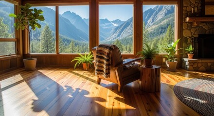 Obraz premium A sunlit interior room with wooden floors and large windows overlooks a vast mountain and forest landscape featuring potted plants a leather armchair and a stone fireplace