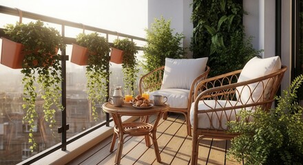 Fototapeta premium A sunny balcony with a breakfast setup on a rattan table between two wicker chairs with white cushions Hanging plants adorn the railing a green wall stands nearby overlooking a city